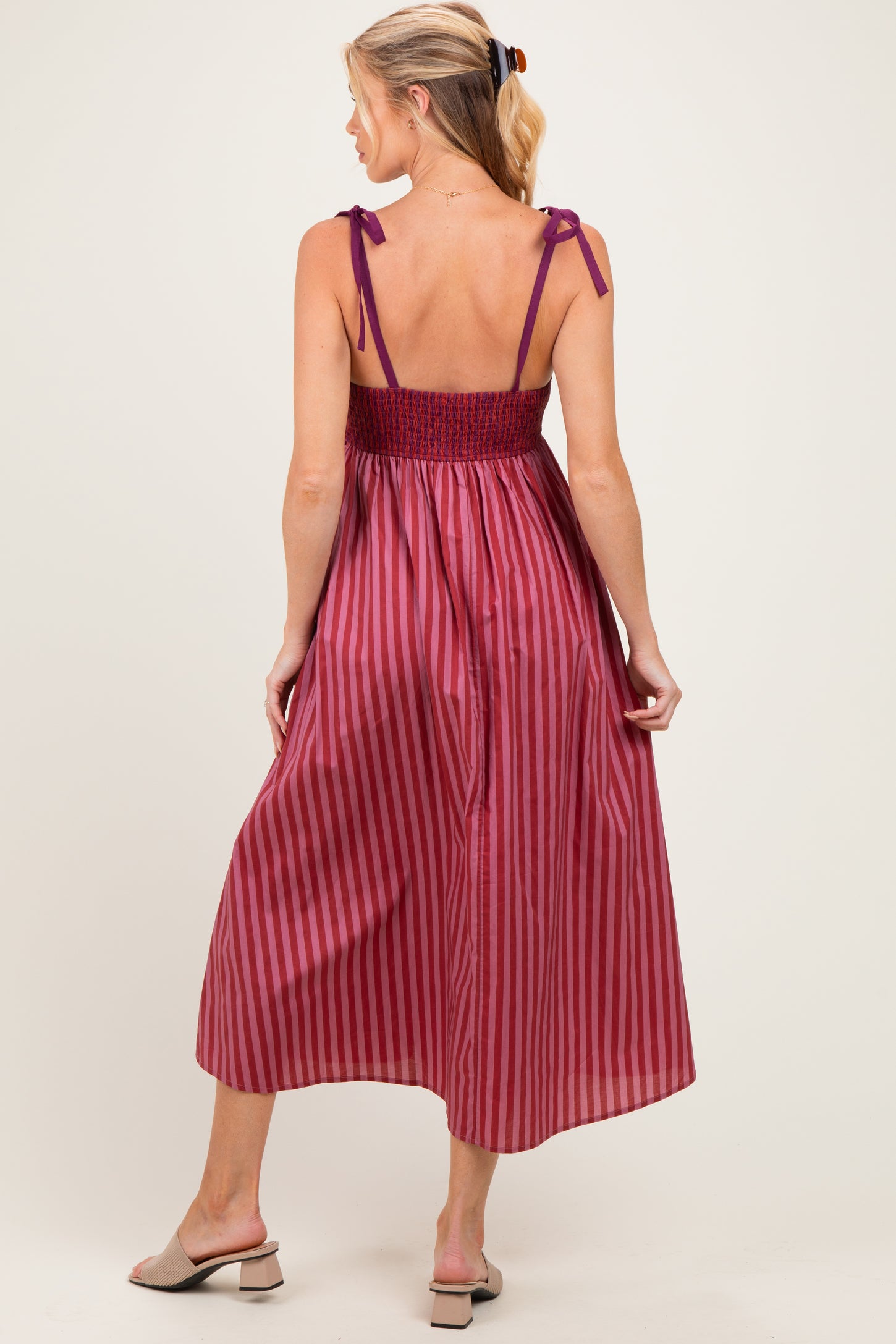 Mauve Striped Colorblock Scallop Detail Maternity Midi Dress