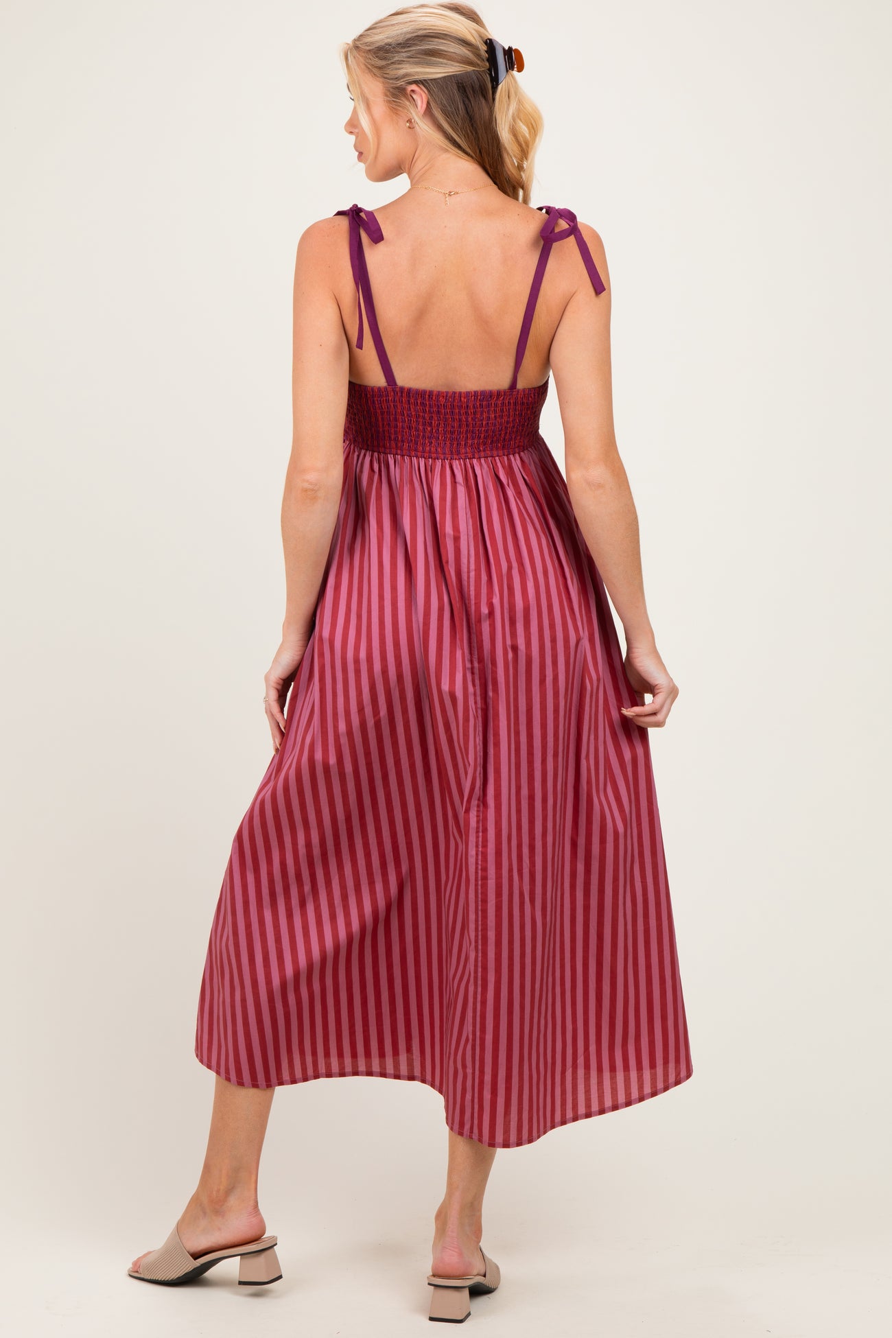 Mauve Striped Colorblock Scallop Detail Maternity Midi Dress