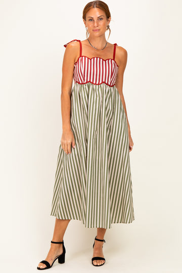 Olive Striped Colorblock Scallop Detail Midi Dress