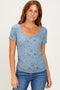 Blue Floral Ruching Short Sleeve Top