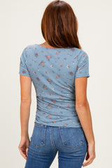 Blue Floral Ruching Short Sleeve Top