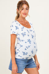 Navy Floral Ruching Short Sleeve Maternity Top