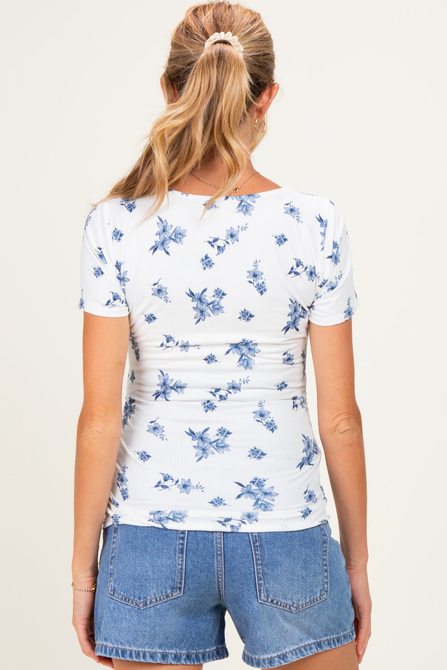 Navy Floral Ruching Short Sleeve Maternity Top