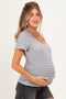 Grey Stripe Ruching Short Sleeve Maternity Top