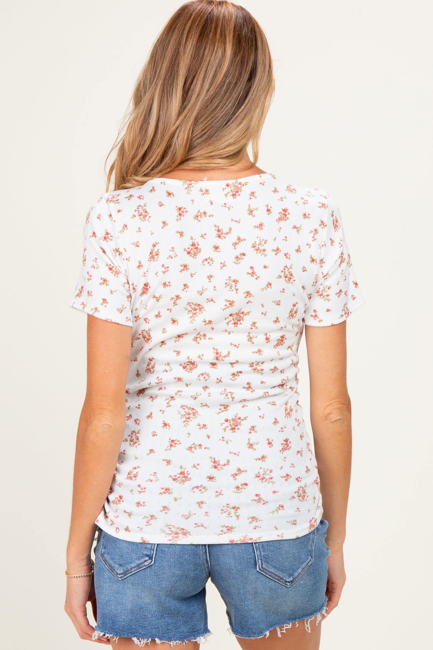 Red Pointelle Ruching Short Sleeve Maternity Top