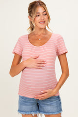 Pink Stripe Ruching Short Sleeve Maternity Top