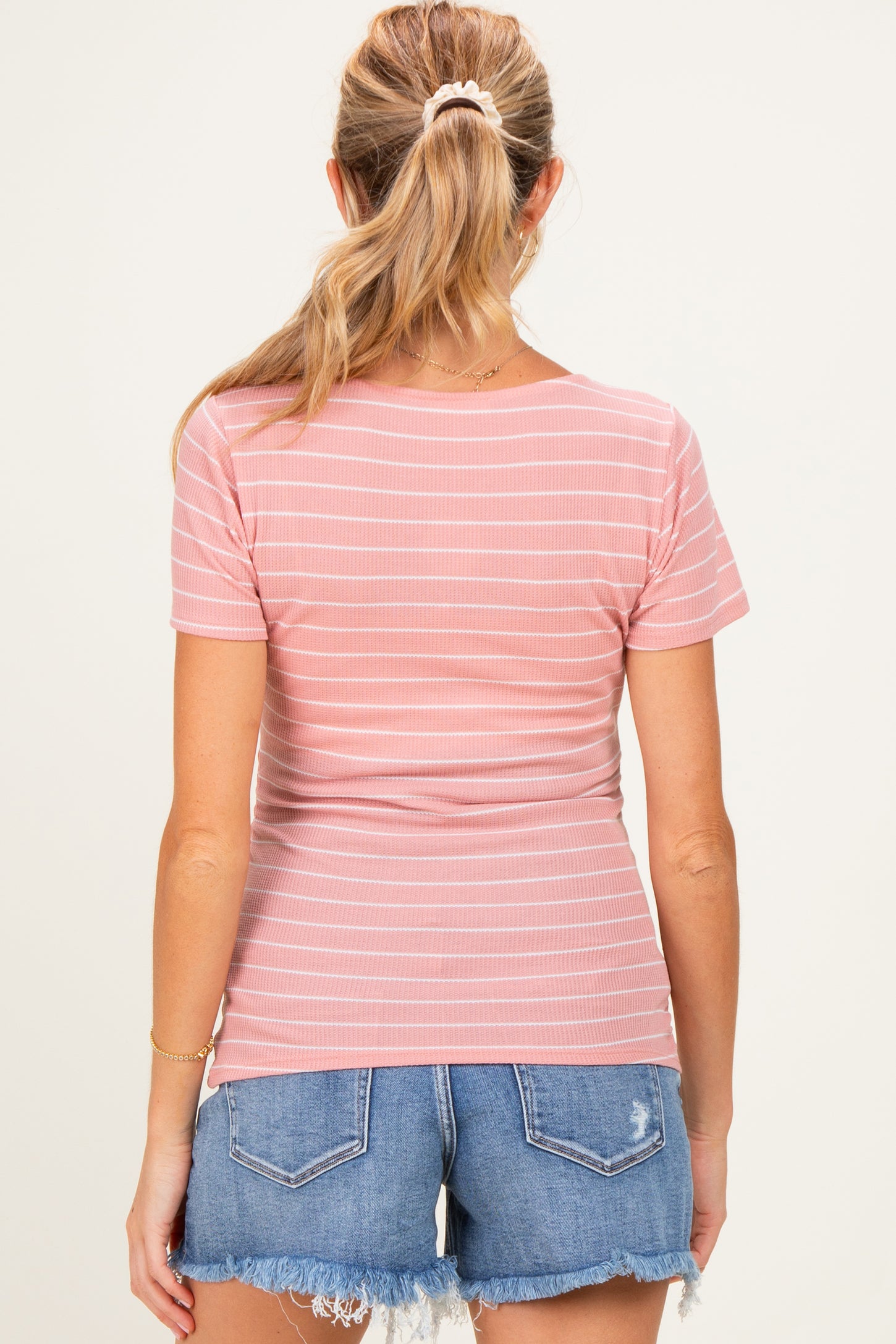 Pink Stripe Ruching Short Sleeve Maternity Top
