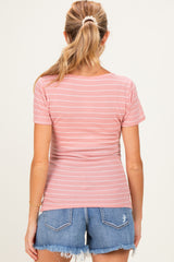 Pink Stripe Ruching Short Sleeve Maternity Top