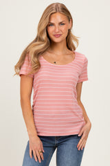 Pink Stripe Ruching Short Sleeve Maternity Top