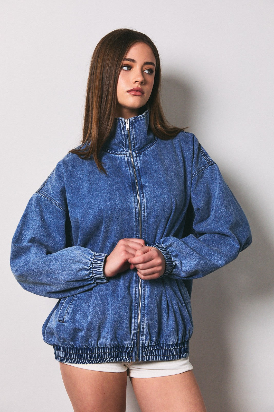 Dark Denim Zipper Front Oversized Maternity Jacket