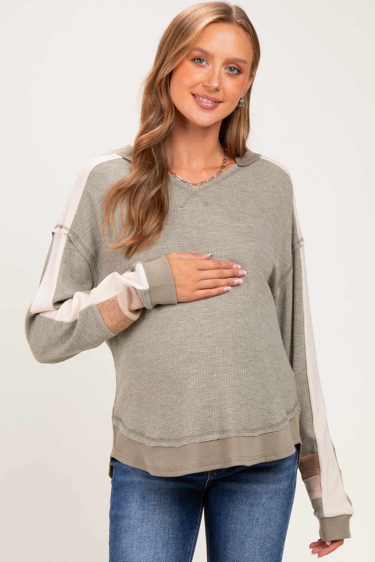 Sage Colorblock Waffle Knit Maternity Pullover Top