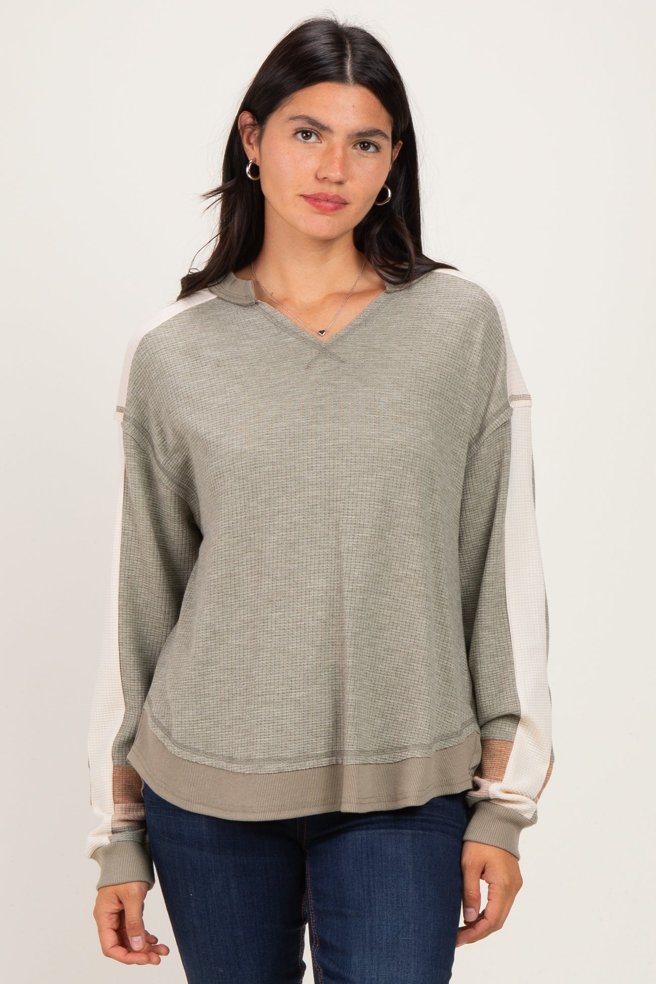 Sage Colorblock Waffle Knit Maternity Pullover Top