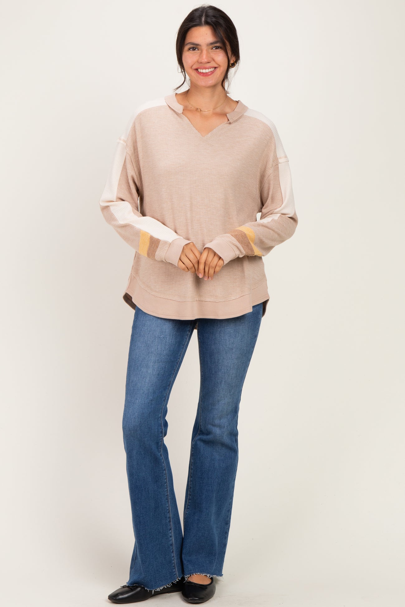 Taupe Colorblock Waffle Knit Pullover Top