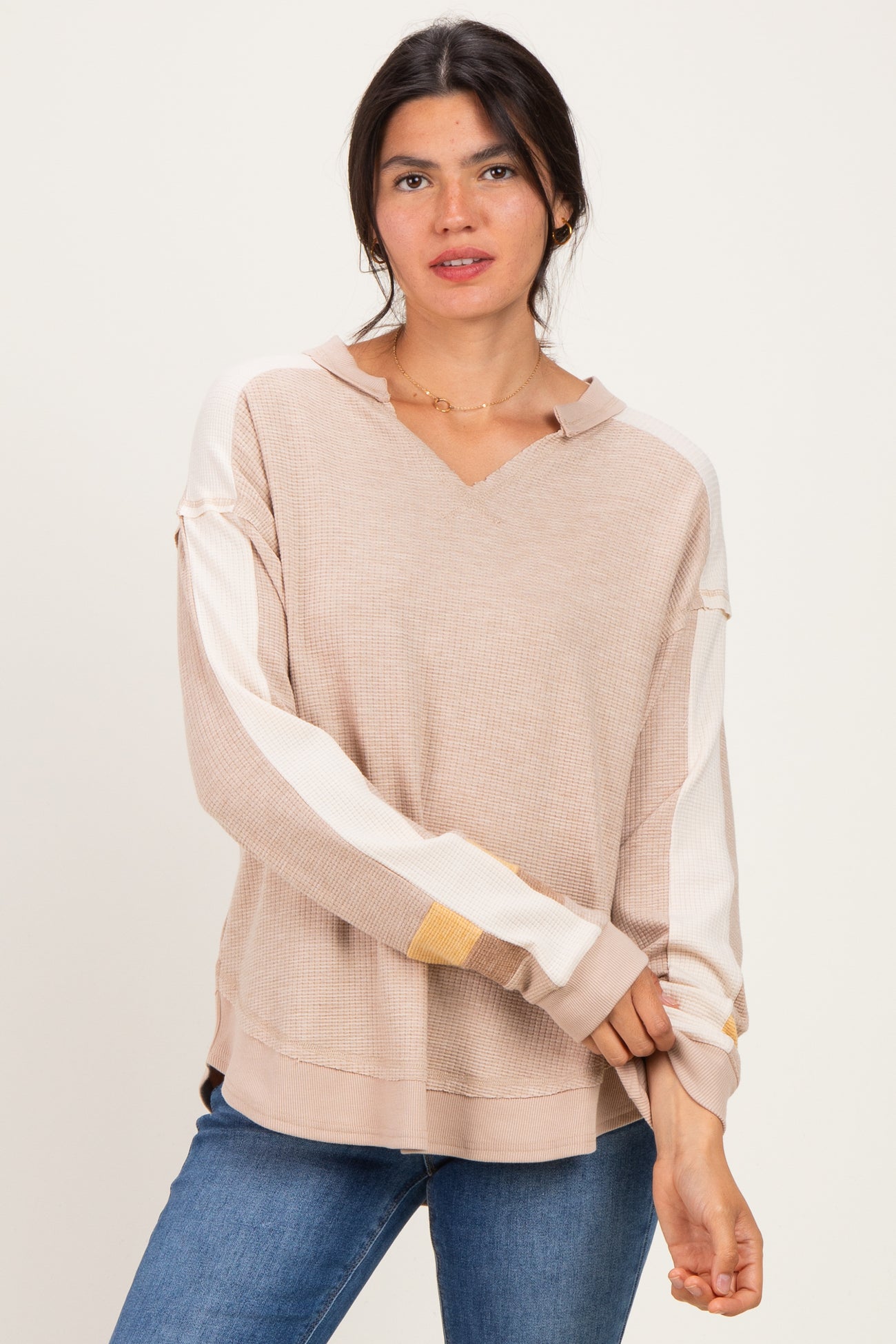 Taupe Colorblock Waffle Knit Pullover Top
