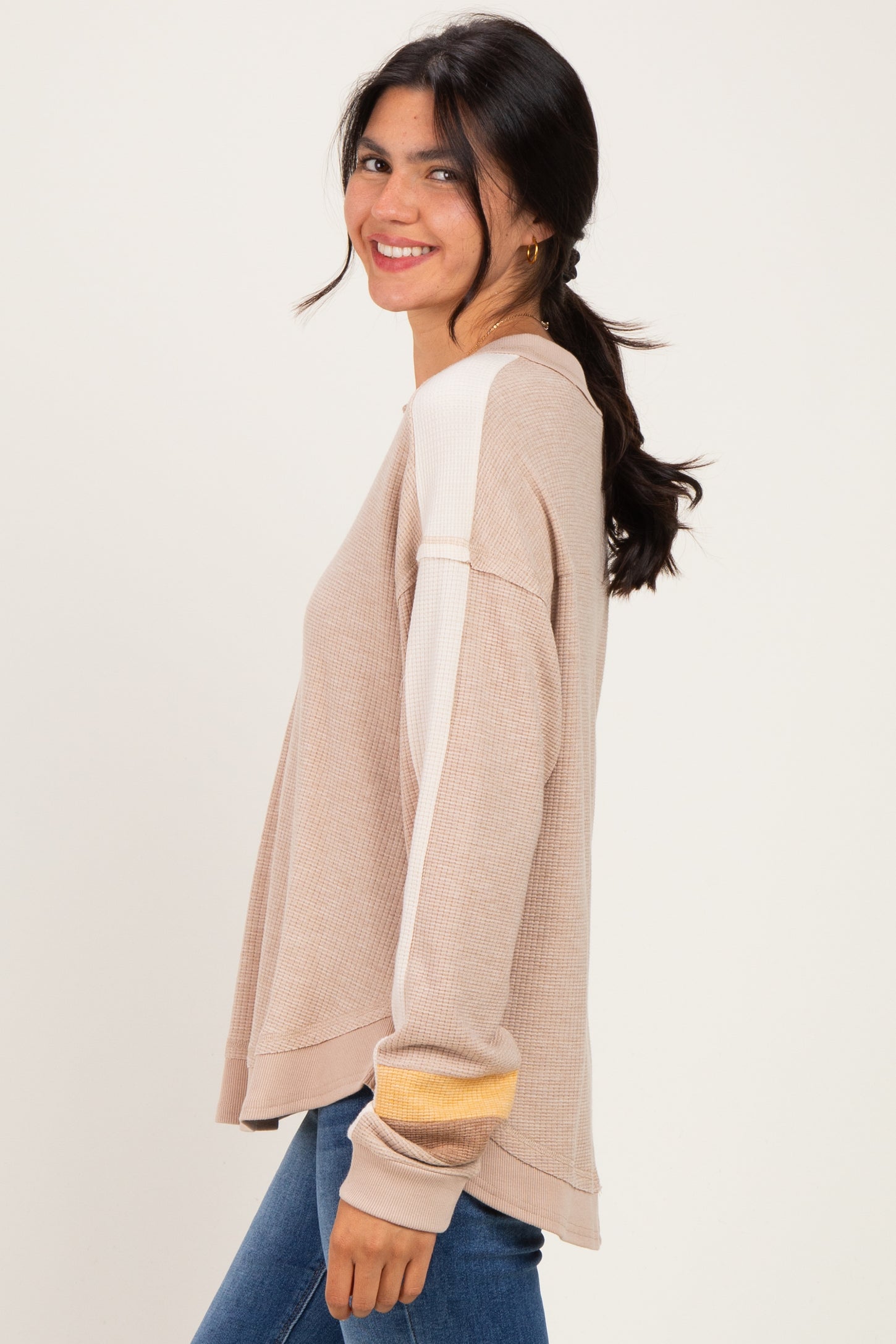 Taupe Colorblock Waffle Knit Pullover Top