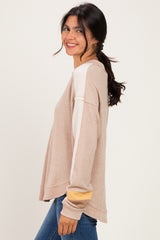 Taupe Colorblock Waffle Knit Pullover Top