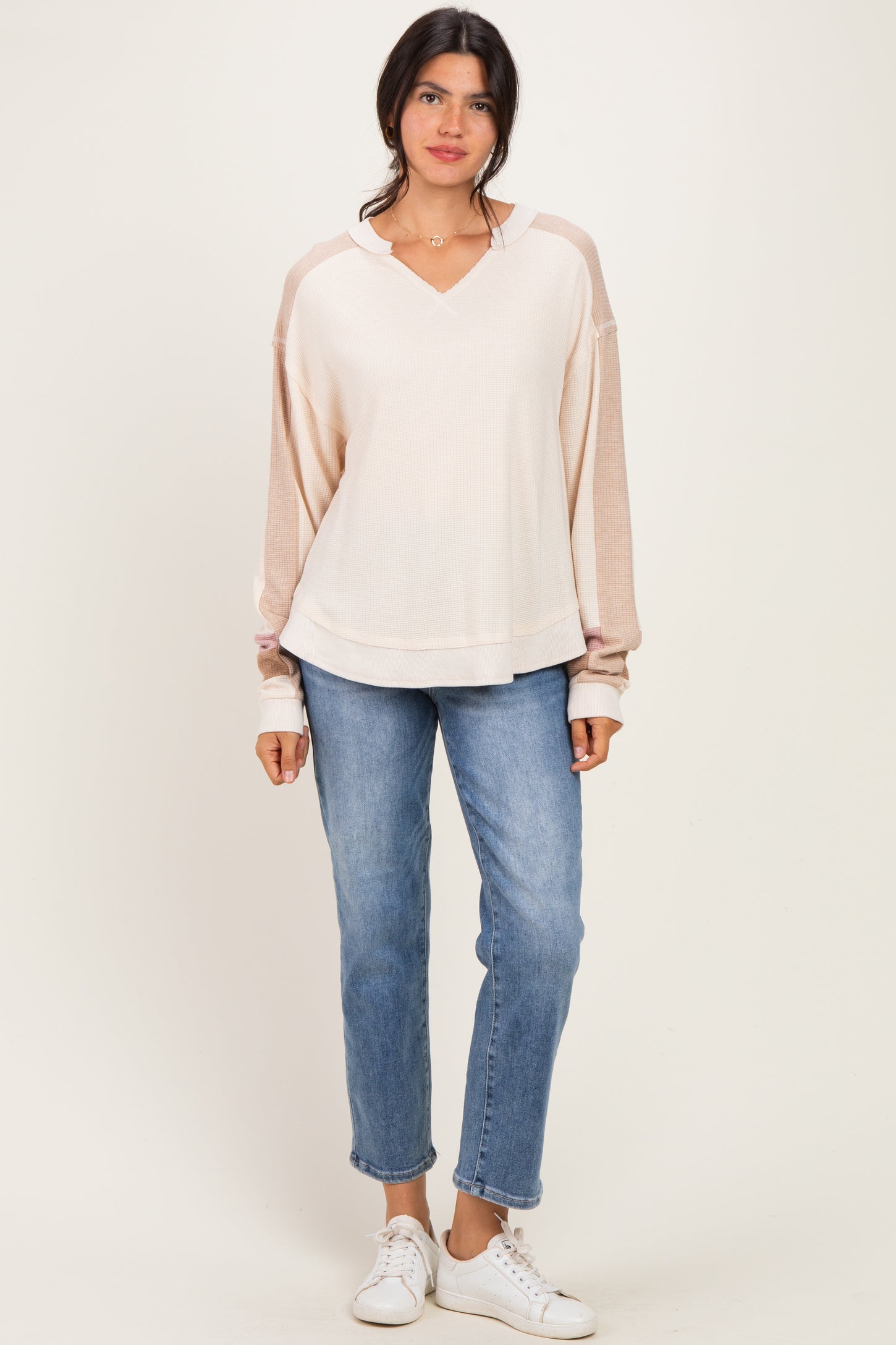 Natural Colorblock Waffle Knit Pullover Top