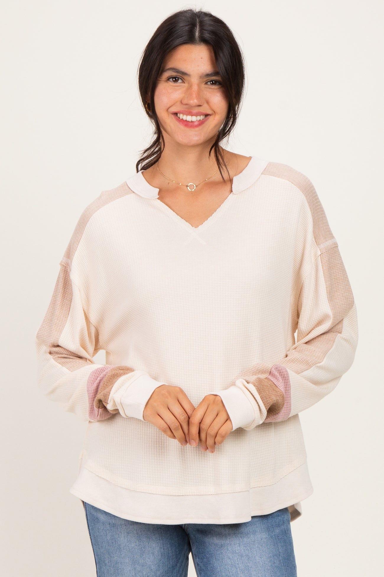 Natural Colorblock Waffle Knit Maternity Pullover Top