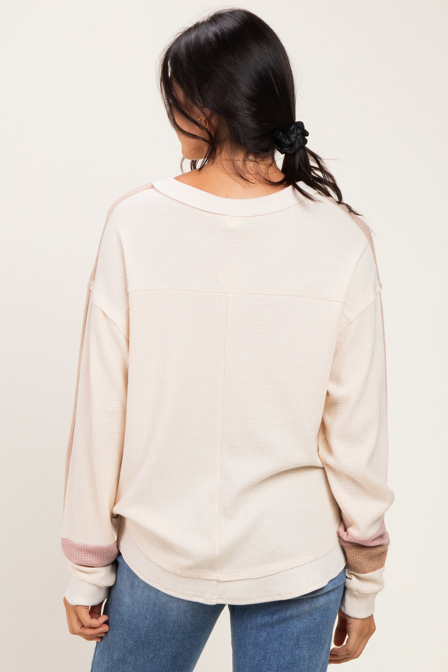 Natural Colorblock Waffle Knit Pullover Top