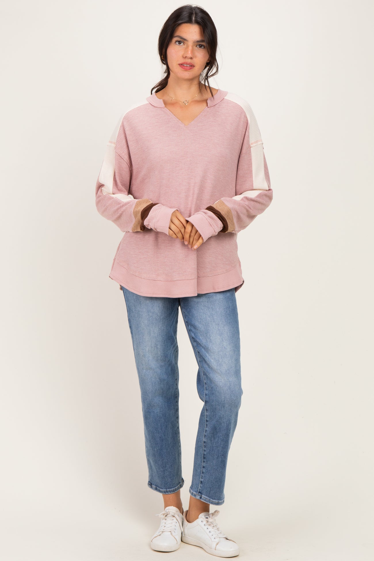 Blush Colorblock Waffle Knit Pullover Top