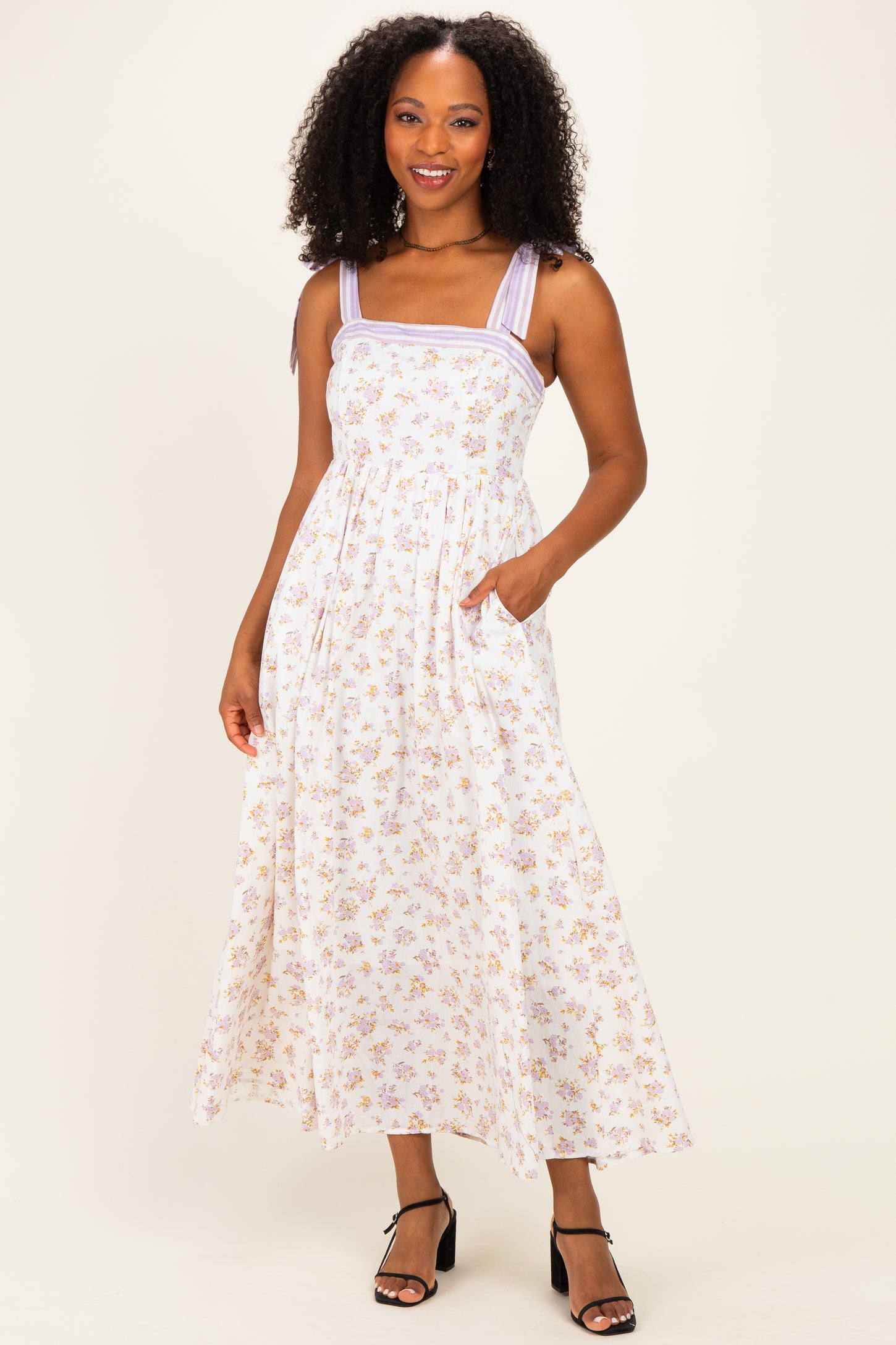 Lavender Floral Striped Shoulder Tie Maternity Maxi Dress