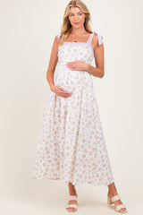 Lavender Floral Striped Shoulder Tie Maternity Maxi Dress