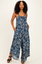 Navy Floral Beaded Wide Leg Jumpsuit