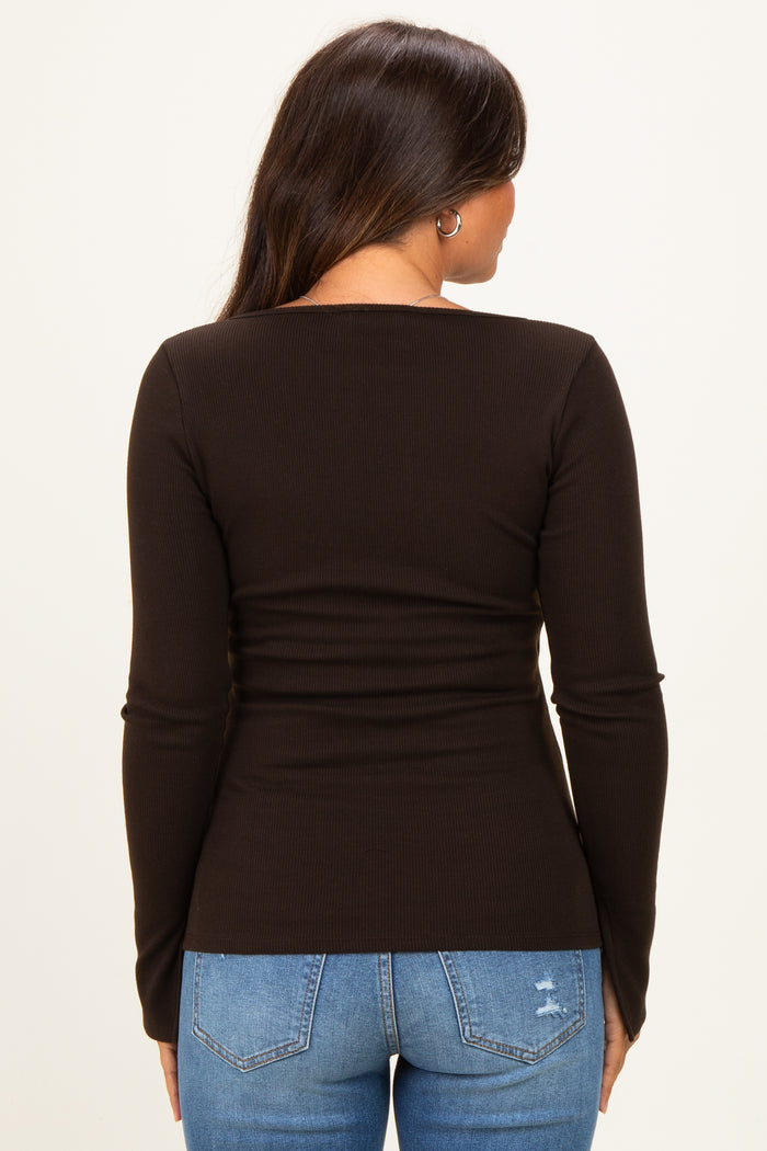 Brown Fitted Long Sleeve Maternity Wrap/ Nursing Top
