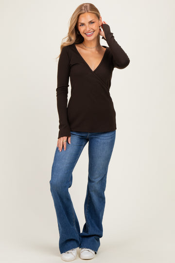 Brown Fitted Long Sleeve Wrap/ Nursing Top