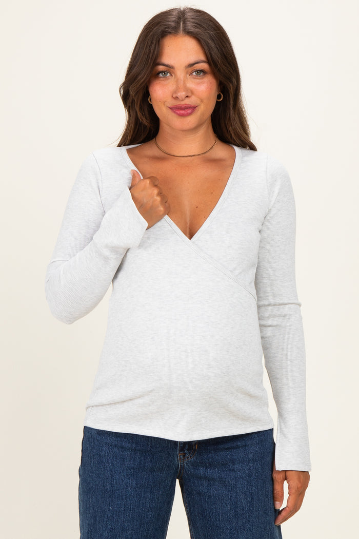 Heather Grey Fitted Long Sleeve Maternity Wrap/ Nursing Top