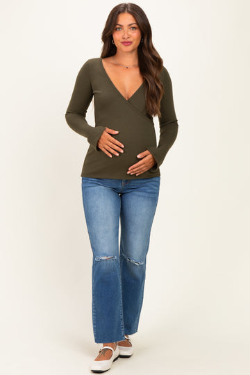 Olive Fitted Long Sleeve Maternity Wrap/ Nursing Top
