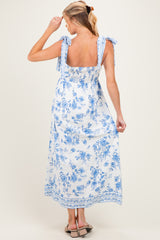 Light Blue Floral Shoulder Tie Maternity Midi Dress