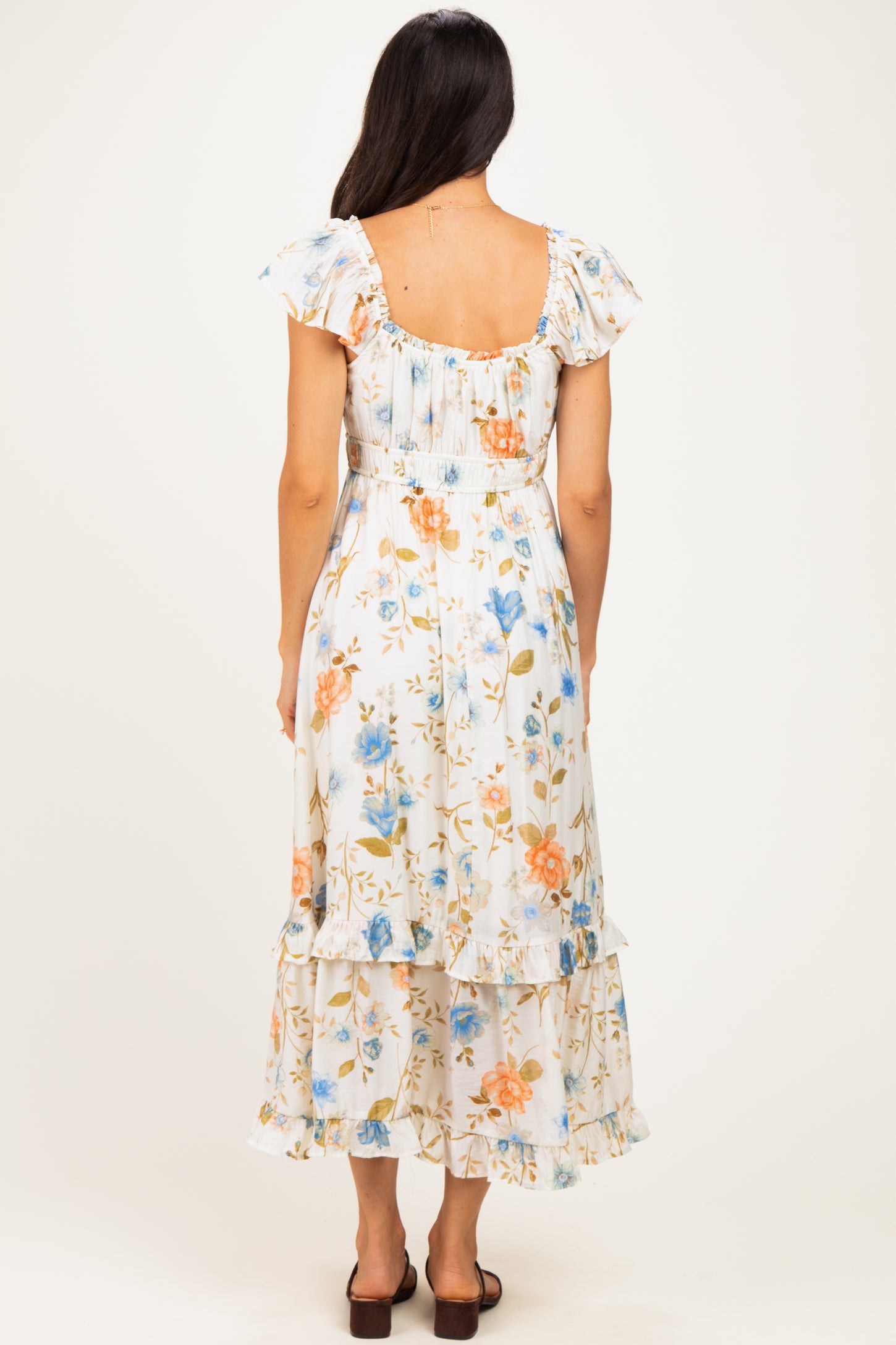 Beige Floral Ruffle Accent Midi Dress