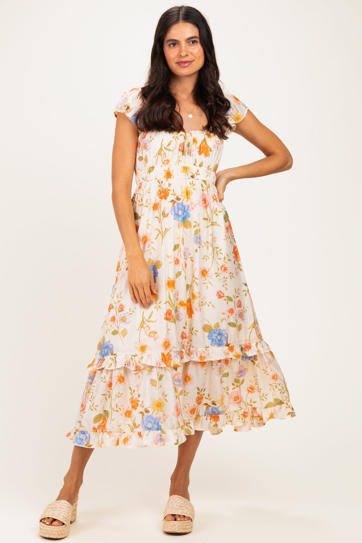 Ivory Floral Ruffle Accent Midi Dress