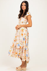 Ivory Floral Ruffle Accent Maternity Midi Dress