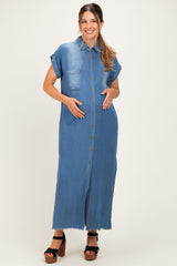 Medium Denim Chambray Maternity Maxi Shirt Dress