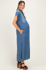 Medium Denim Chambray Maternity Maxi Shirt Dress