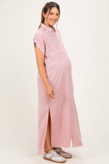 Pink Chambray Maternity Maxi Shirt Dress