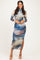 Multicolor Mesh Printed Mock Neck Long Sleeve Dress