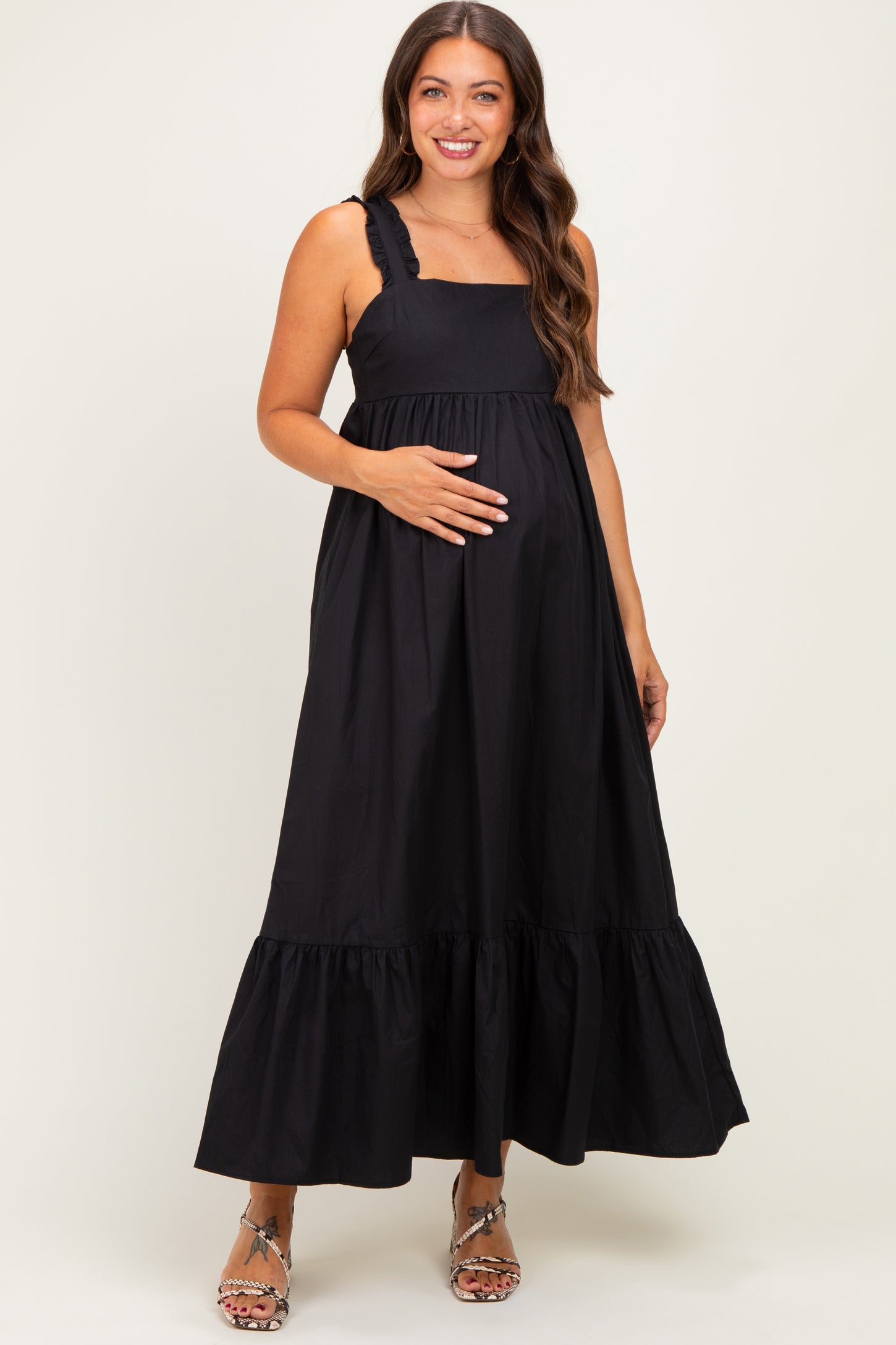 black cut out maternity dress Momyknows Daily Black Bandeau Cut Out Maternity Maxi Dress, Black / L