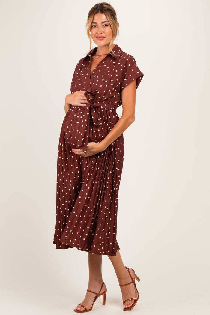 Brown Polka Dot Pleated Maternity Midi Dress