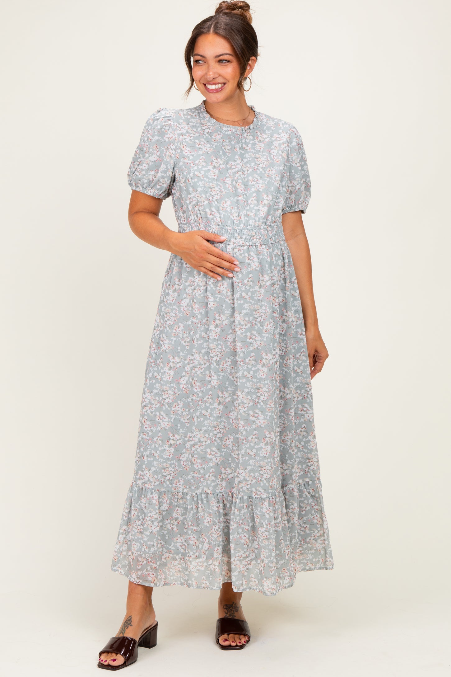 Sage Floral Chiffon Maternity Maxi Dress – PinkBlush