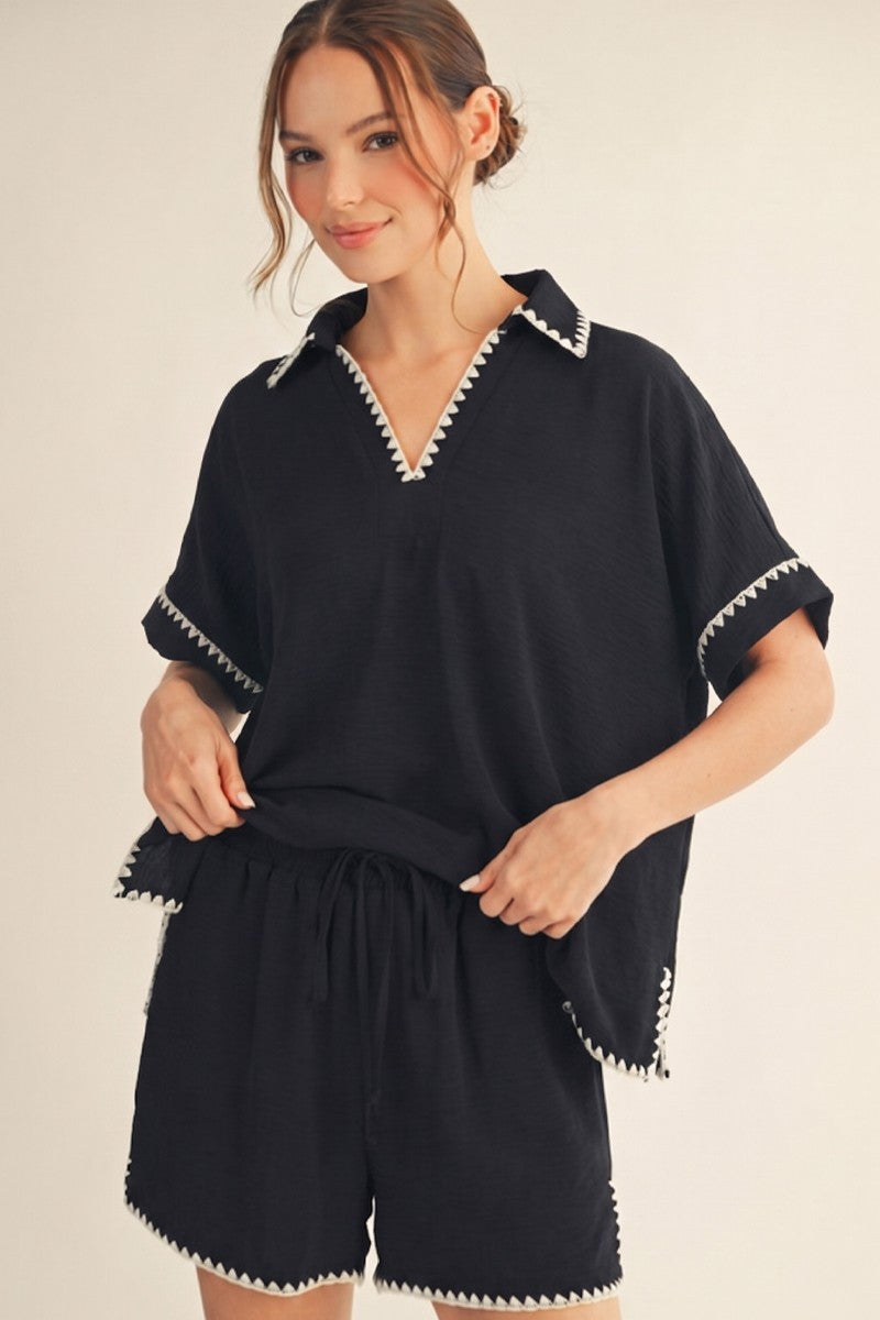 Black Embroidered Detail Collared Boxy Maternity Top