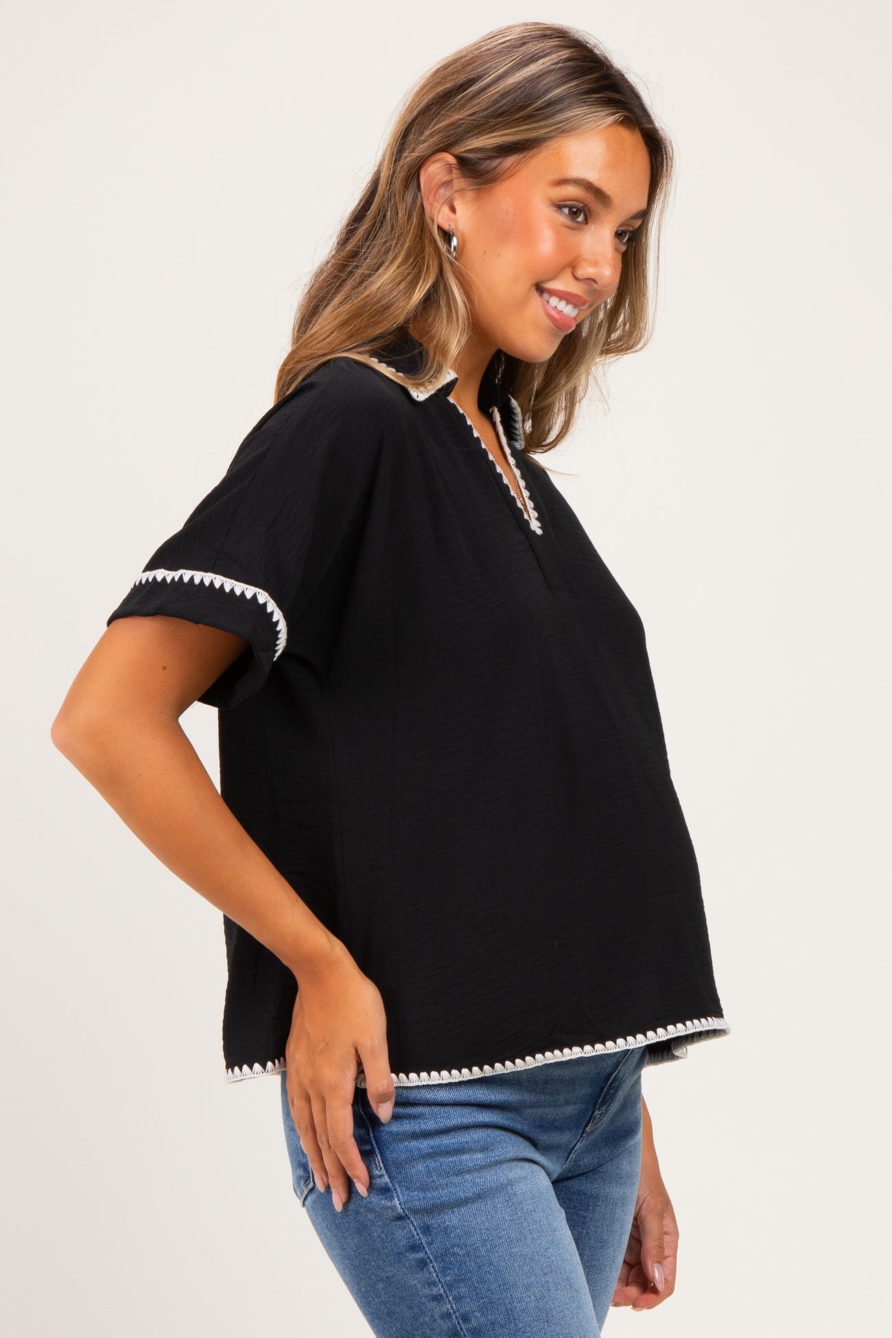 Black Embroidered Detail Collared Boxy Maternity Top