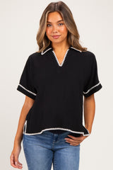 Black Embroidered Detail Collared Boxy Maternity Top