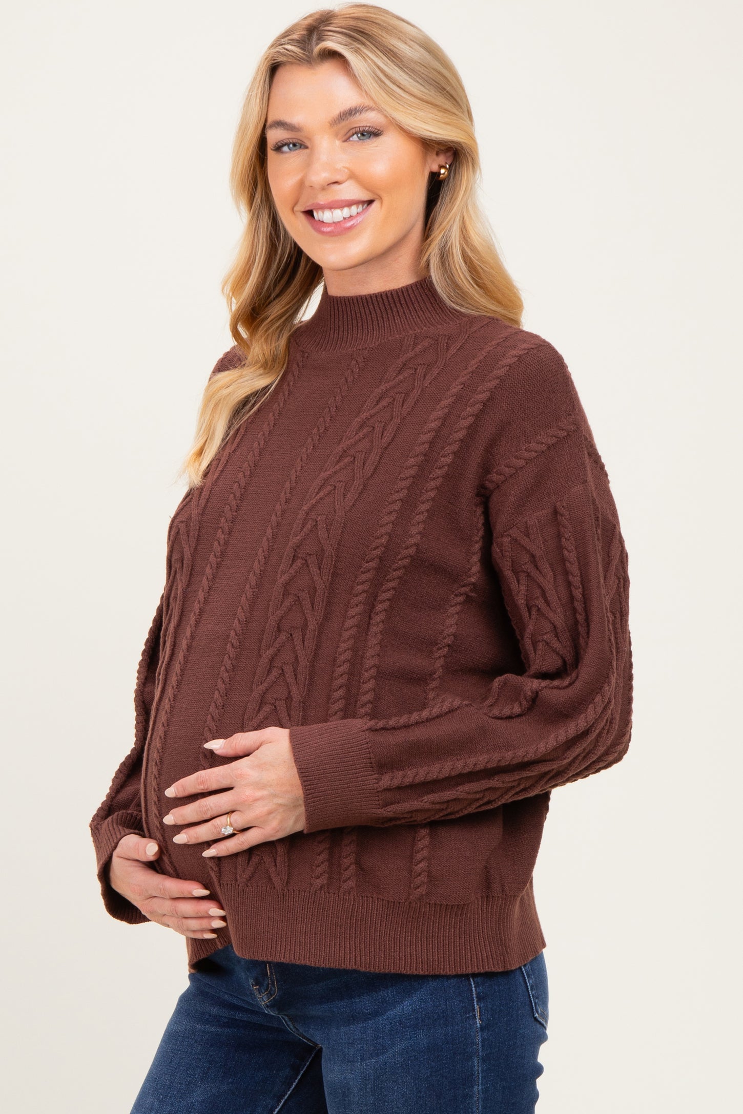 Brown Oversized Cable Knit Maternity Sweater