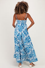 Blue Floral Damask Maternity Maxi Dress