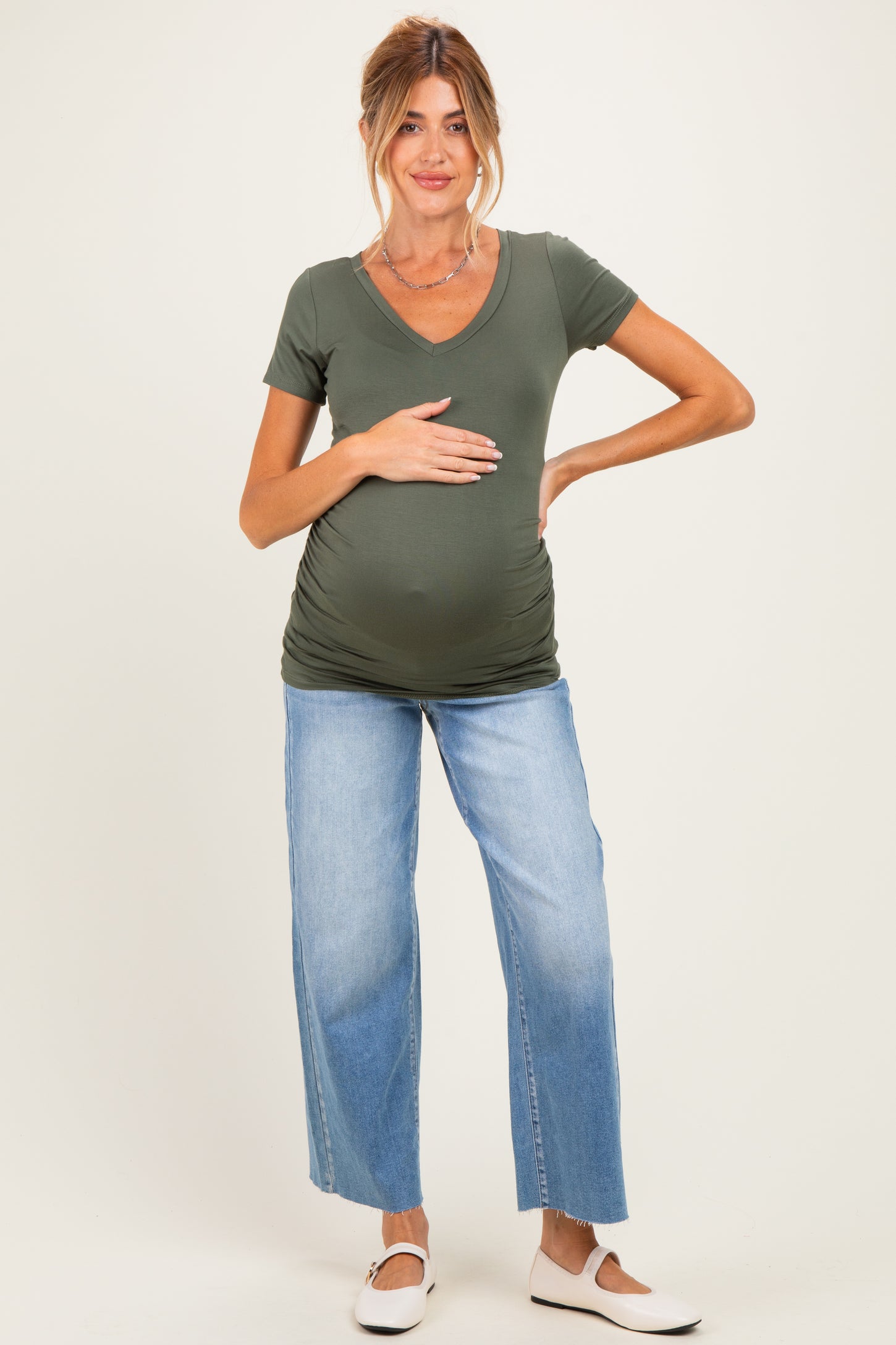 Sage V-Neck Ruched Side Maternity Top