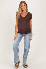 Brown V-Neck Ruched Side Maternity Top