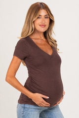 Brown V-Neck Ruched Side Maternity Top